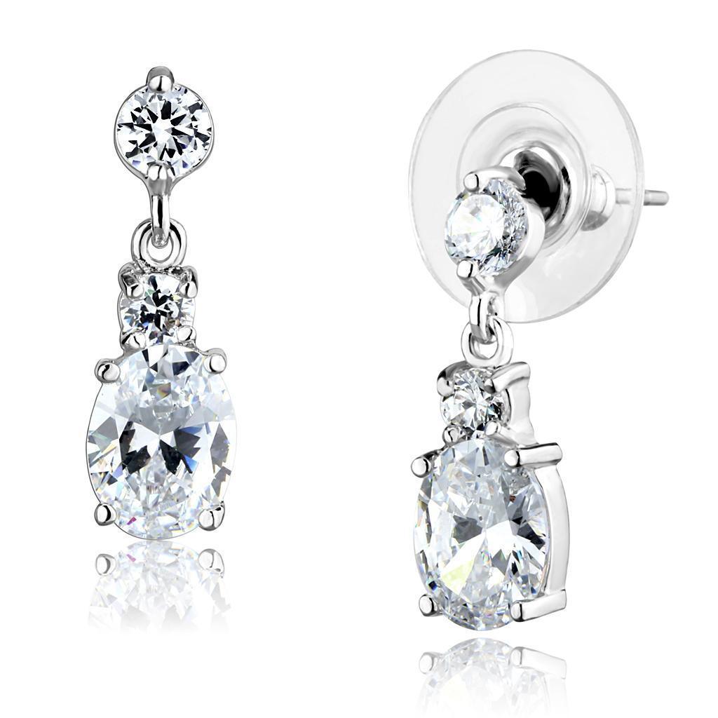 3W1290 - Rhodium Brass Earrings with AAA Grade CZ in Clear