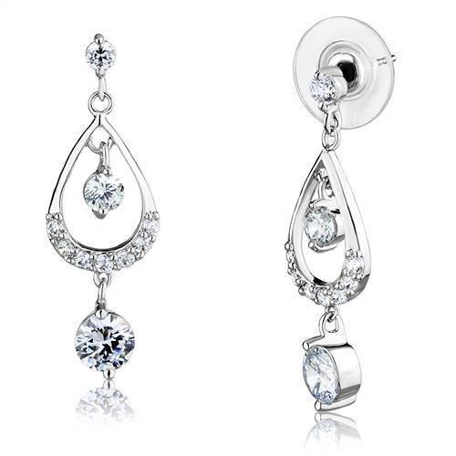 3W1286 - Rhodium Brass Earrings with AAA Grade CZ in Clear