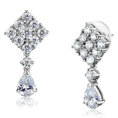 3W1288 - Rhodium Brass Earrings with AAA Grade CZ in Clear