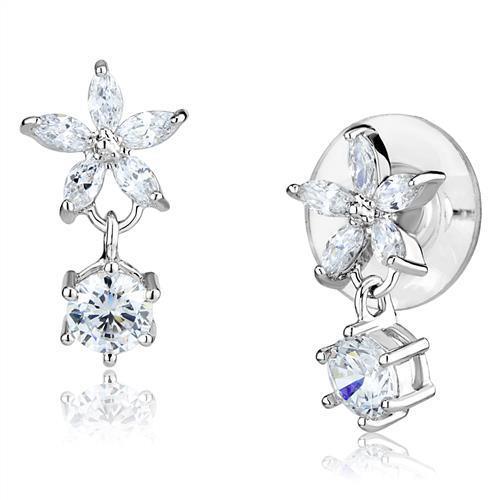 3W1281 - Rhodium Brass Earrings with AAA Grade CZ in Clear