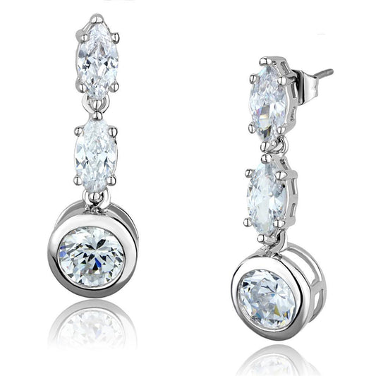 3W1060 - Rhodium Brass Earrings with AAA Grade CZ in Clear