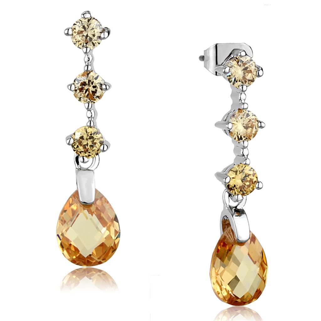 3W1063 - Rhodium Brass Earrings with AAA Grade CZ in Champagne