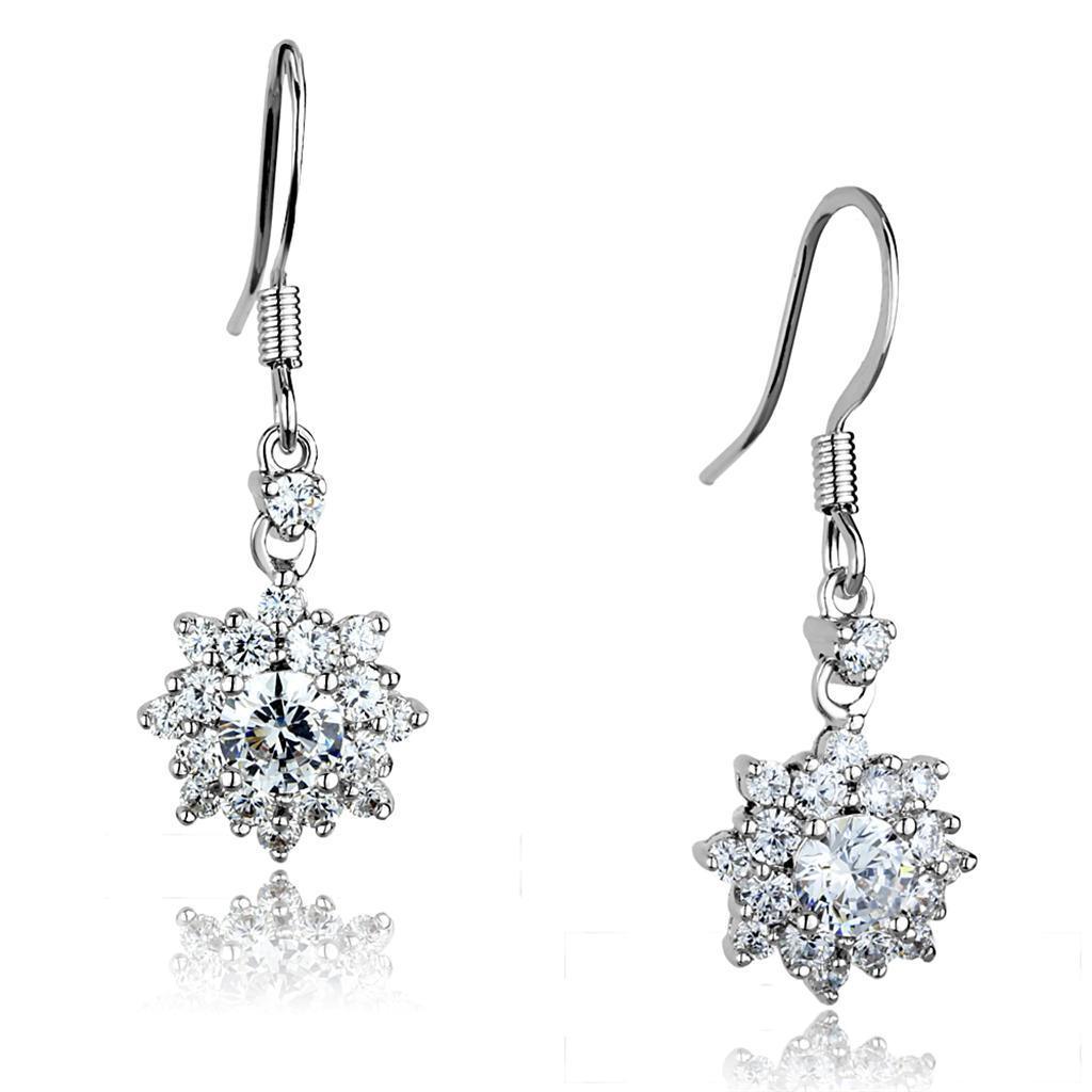 3W1054 - Rhodium Brass Earrings with AAA Grade CZ in Clear