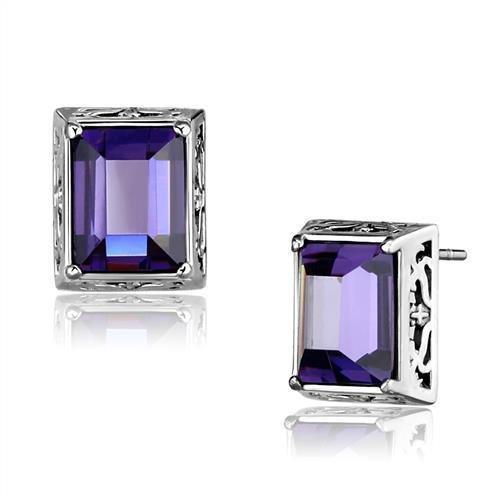 TK2636 - High polished (no plating) Stainless Steel Earrings with AAA Grade CZ in Amethyst