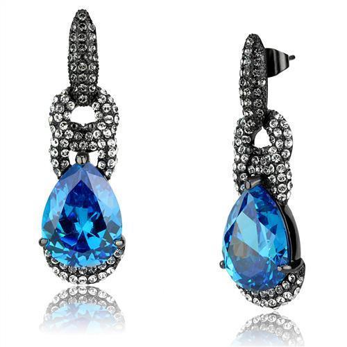 TK2708 - IP Light Black (IP Gun) Stainless Steel Earrings with AAA Grade CZ in Sea Blue