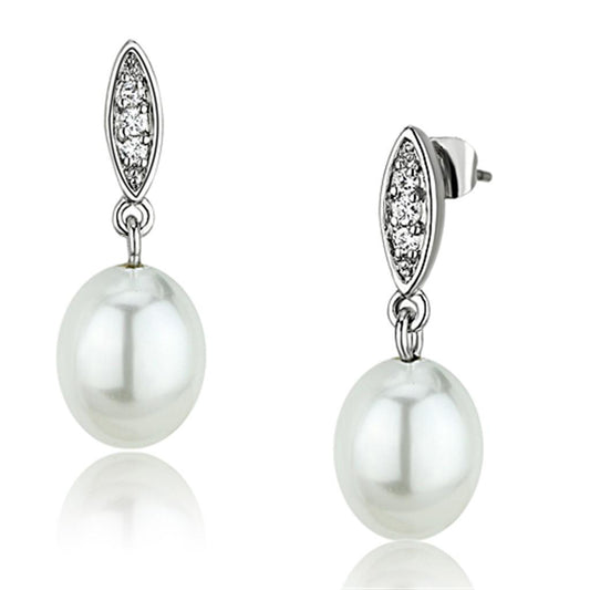 3W378 - Rhodium Brass Earrings with Synthetic Pearl in White