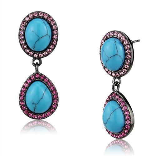 TK2847 - IP Light Black (IP Gun) Stainless Steel Earrings with Synthetic Turquoise in Sea Blue