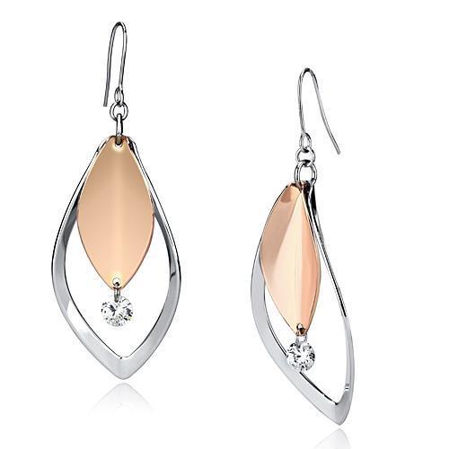 LO2684 - Rose Gold + Rhodium Iron Earrings with AAA Grade CZ in Clear