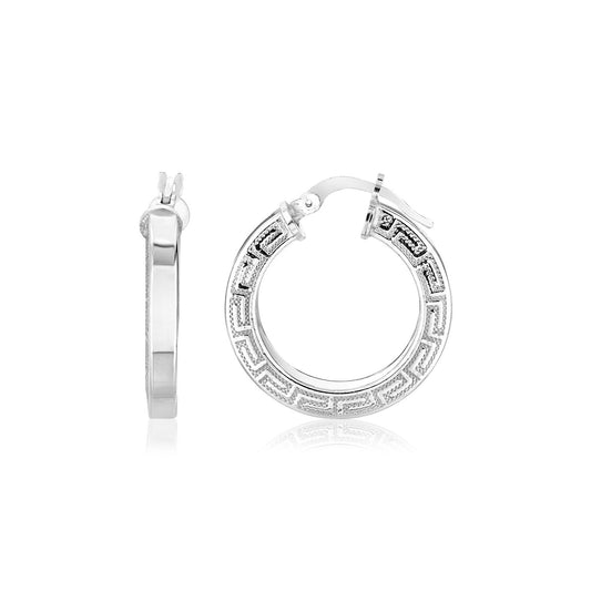 Sterling Silver Round Hoop Earrings with Greek Key Pattern