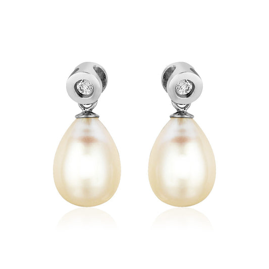 Sterling Silver Earrings with Pear Shaped Freshwater Pearls and Cubic Zirconias