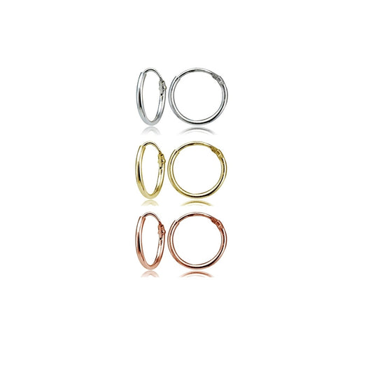 Sterling Silver 1.2mm Set of Three Endless Hoop Earrings, 10mm