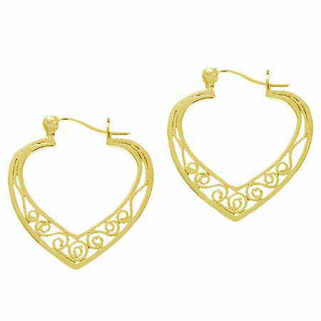 18K Gold over Sterling Silver Filigree Heart Hoop Earrings