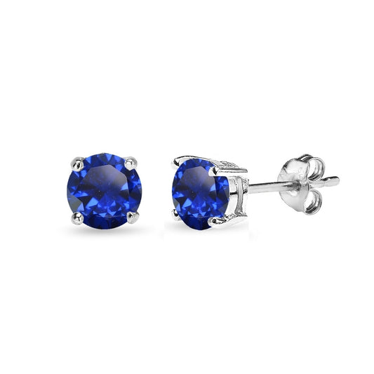 Sterling Silver Created Blue Sapphire 5mm Round-Cut Solitaire Stud Earrings