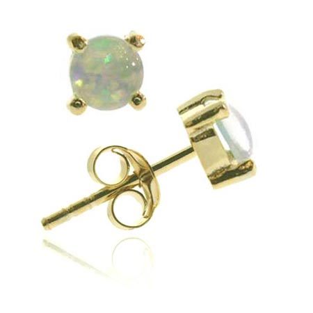 18K Gold over Sterling Silver Created White Opal 6mm Round Stud Earrings