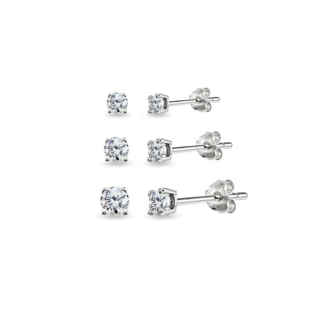 3 Pair Set Round Cubic Zirconia Stud Earrings in 925 Silver, 3mm 4mm 5mm