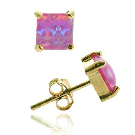 18K Gold over Sterling Silver Created Pink Opal 6mm Square Stud Earrings