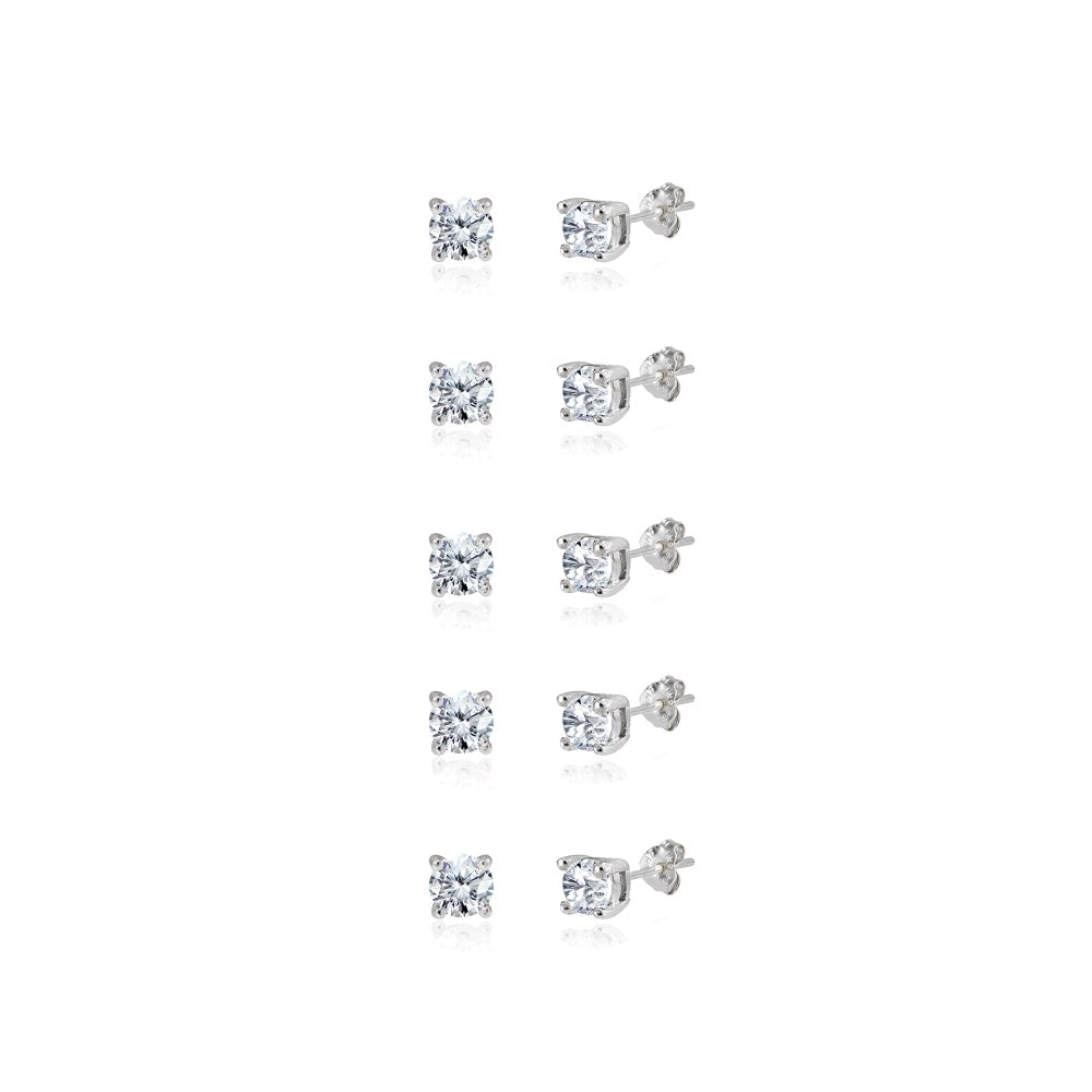 5-Pair Set Sterling Silver Cubic Zirconia 3mm Round Stud Earrings