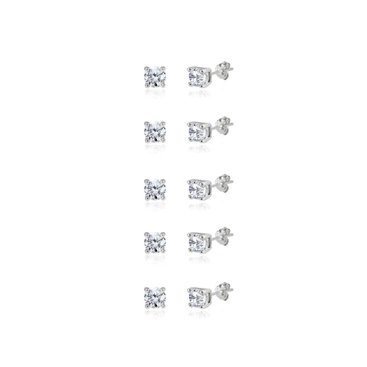 5-Pair Set Sterling Silver Cubic Zirconia 3mm Round Stud Earrings