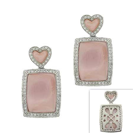 Sterling Silver .925 Genuine Pink Mother of Pearl MOP Stone Inlay Heart Flower Filigree Simulated Diamond cz Pave Dangle Rectangle Earrings