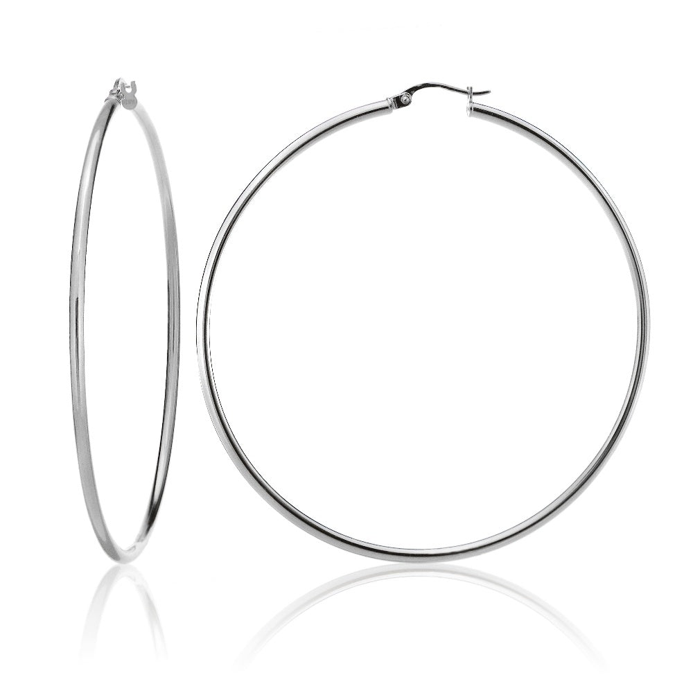 Sterling Silver 2mm High Polished Round Hoop Earrings, 60mm