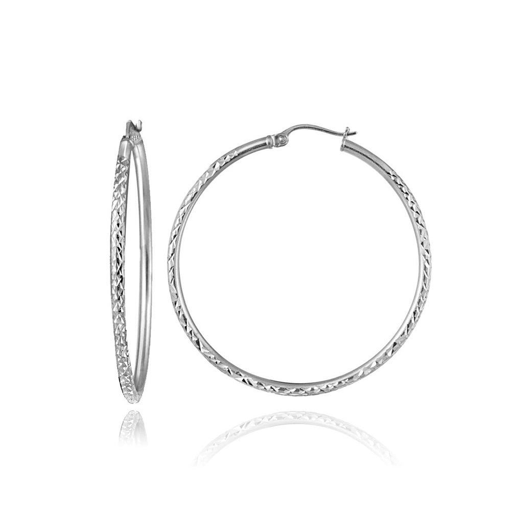 Sterling Silver 2mm Diamond Cut Round Hoop Earrings, 25mm