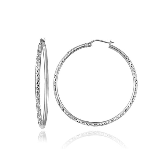 Sterling Silver 2mm Diamond Cut Round Hoop Earrings, 25mm