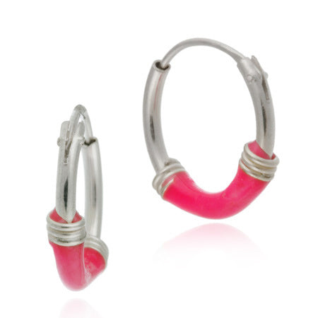 Sterling Silver Pink Enamel Small Hoop Earrings