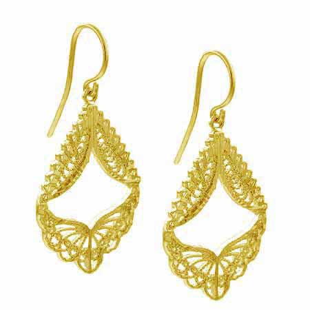 18K Gold over Sterling Silver Filigree Angel Wings Dangle Earrings