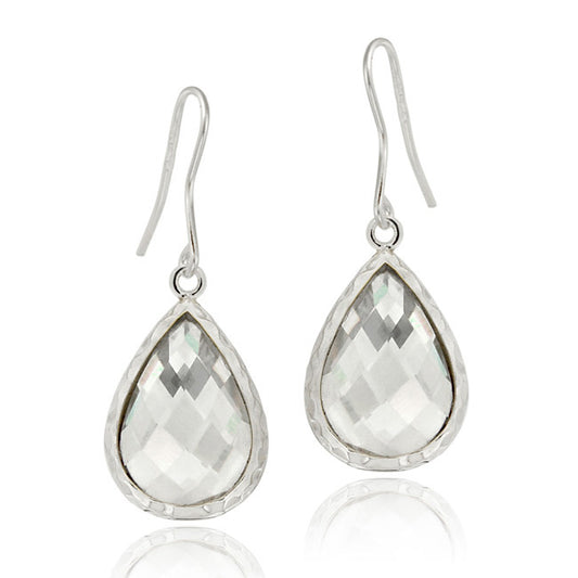 Sterling Silver 8ct CZ Teardrop Brushed Dangle Earrings