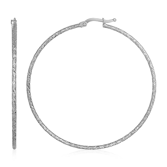 14k White Gold Large Textured Hoop Earrings (50mm Diameter) (1.5mm)