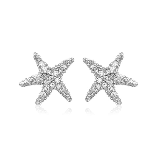 Sterling Silver Petite Starfish Earrings with Cubic Zirconias