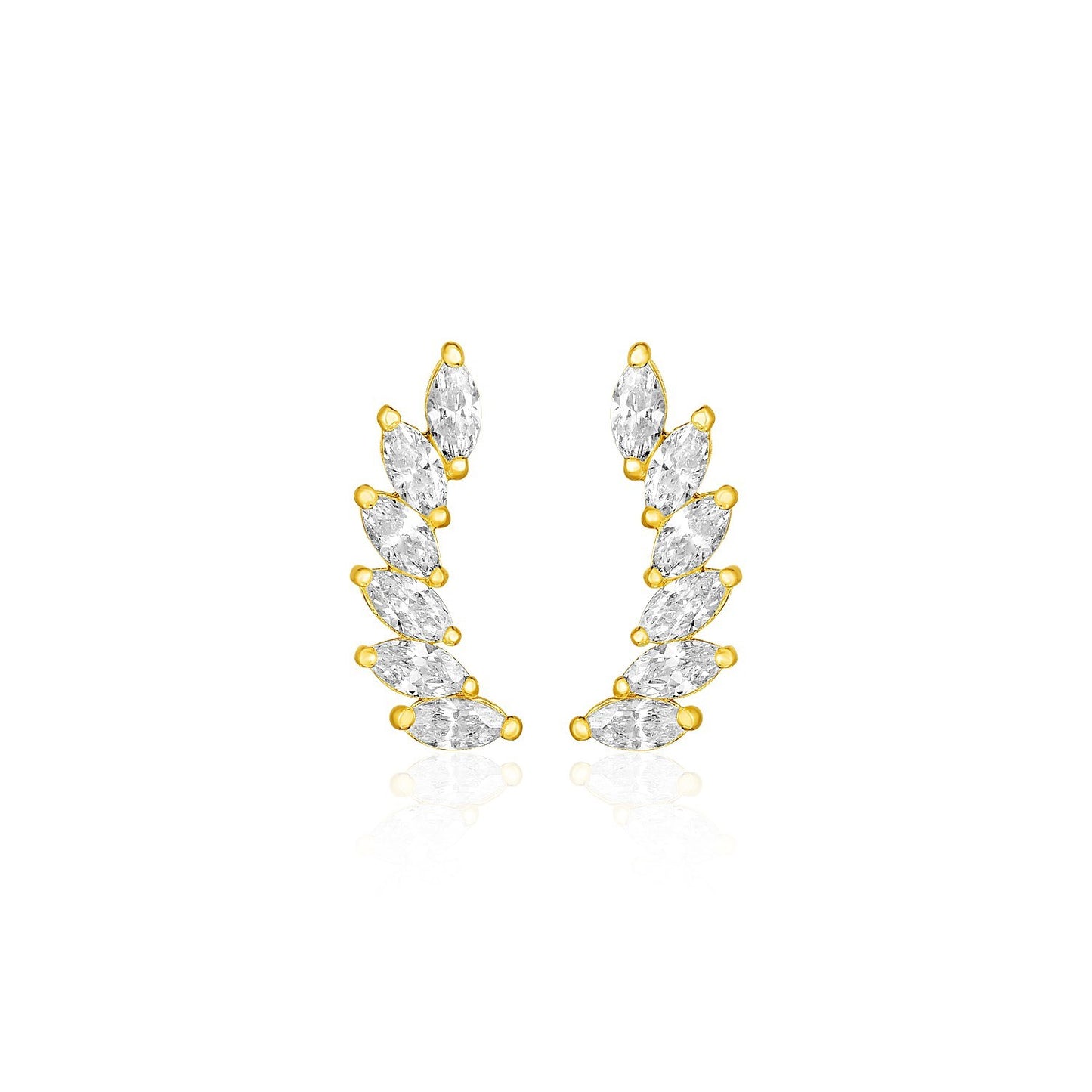 14k Yellow Gold Leaf Motif Climber Post Earrings with Marquise Cubic Zirconias