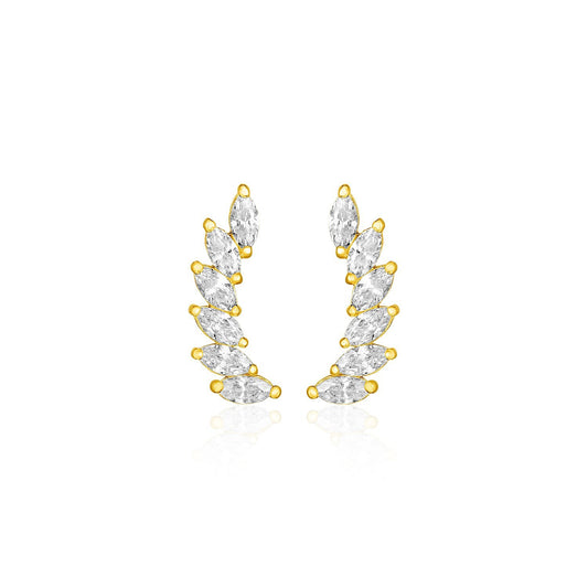 14k Yellow Gold Leaf Motif Climber Post Earrings with Marquise Cubic Zirconias