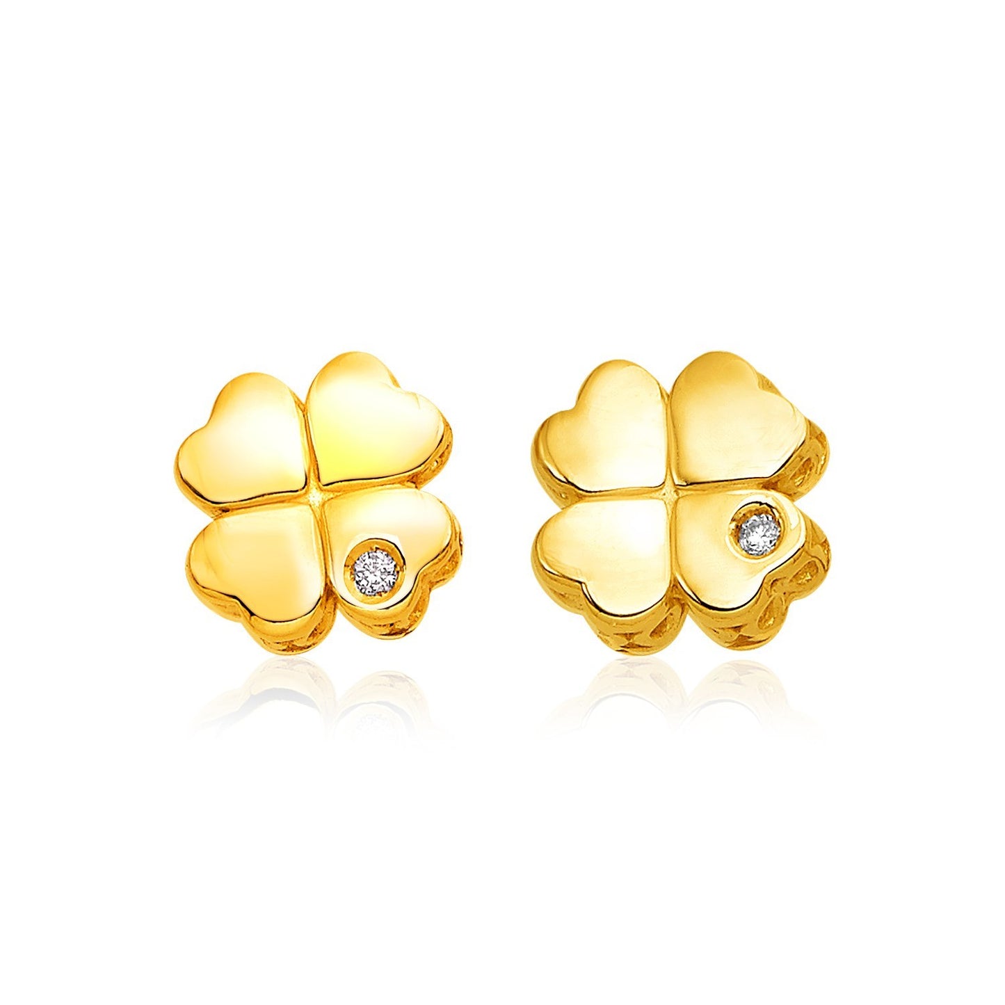 14k Yellow Gold Polished Four Leaf Clover Earrings with Diamonds