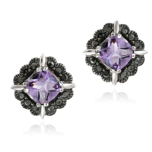 Amethyst & Black Diamond Accent Stud Earrings