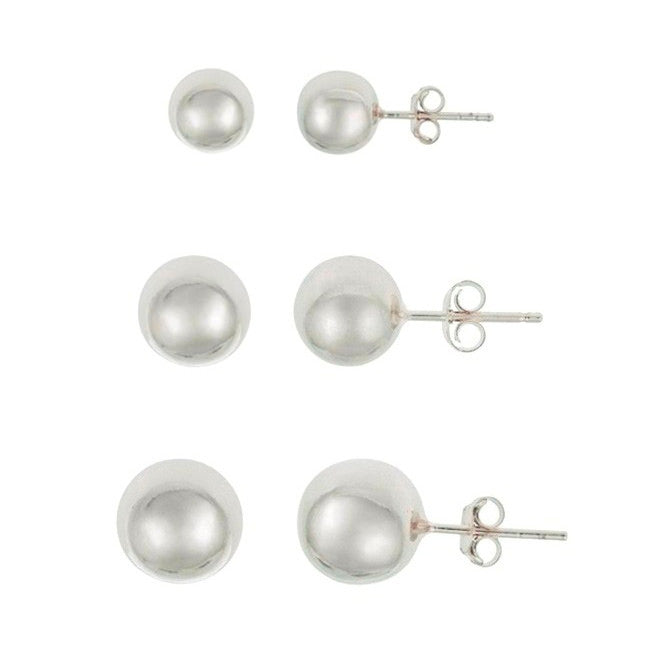 Sterling Silver 3-Pair Ball Stud Earrings Set