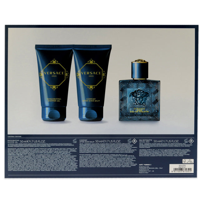 Versace Eros by Versace for Men - 3 Pc Gift Set 1.7 oz EDT Spray; 1.7 oz Comfort After Shave Balm; 1.7 oz Invigorating Shower Gel