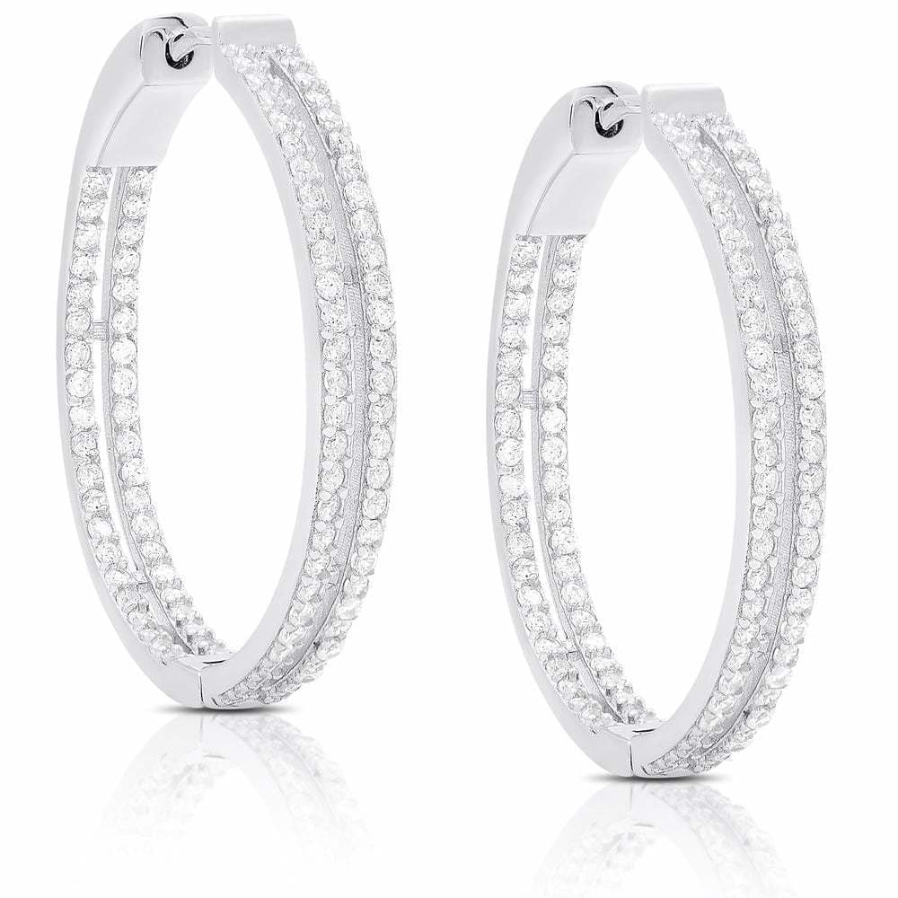 Dolce Giavonna Sterling Silver CZ Two Row Hoop Earrings