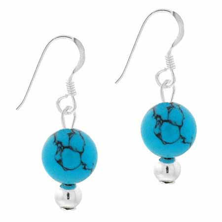 Sterling Silver 6mm Reconstituted Turquoise Stone Bead Dangle Earrings