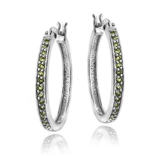 Sterling Silver 5/8ct Peridot 25mm Round Hoop Earrings,