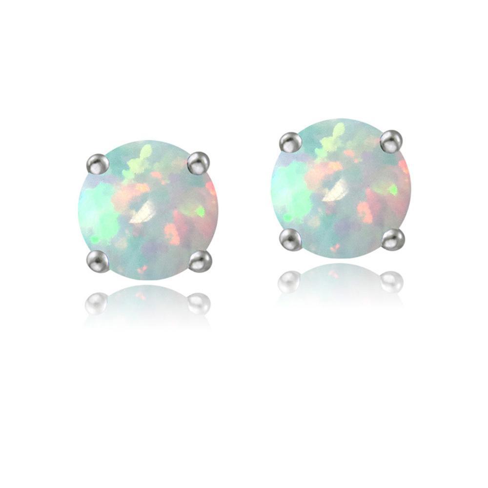 Sterling Silver 6mm Round Fiery Created White Opal Stud Earrings