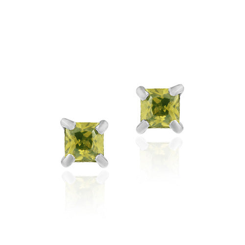 Sterling Silver Olive Green CZ 4mm Square Stud Earrings