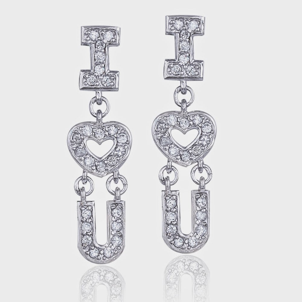 Sterling Silver CZ "I Heart U" Dangle Earrings