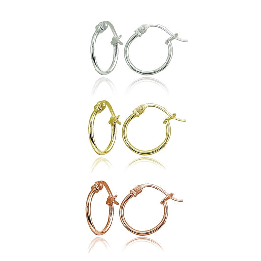 3 Pr Set Silver, Yellow & Rose Gold Flash Small 12mm Round Unisex Hoop Earrings