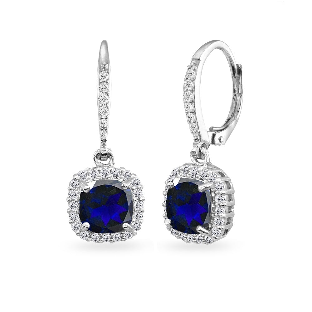 925 Silver Created Blue Sapphire Cushion-Cut Dangle Earrings with White Topaz