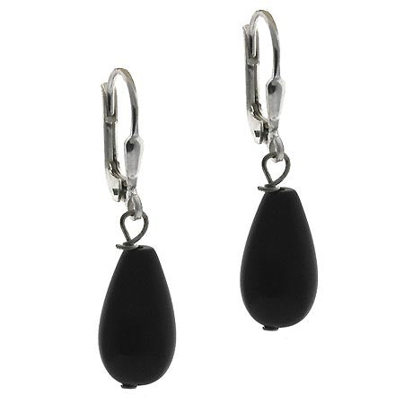 Sterling Silver Onyx Stone Teardrop Lever-Back Earrings