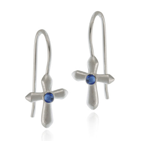 Sterling Silver Tanzanite CZ Cross Drop Earrings