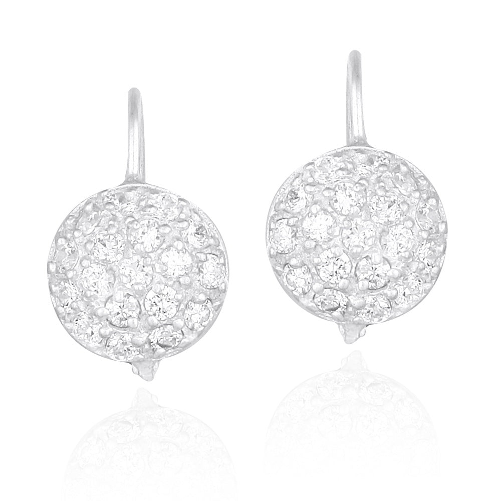 Sterling Silver CZ Round Pave Lever-Back Earrings