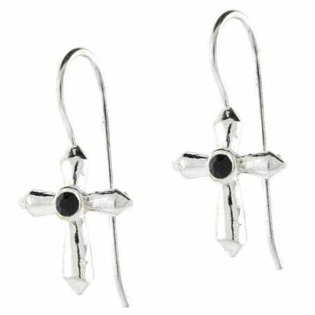 Silver Fish hook Cross Black stone Earrings