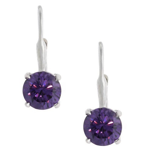 Sterling Silver Round Amethyst CZ Leverback Earring